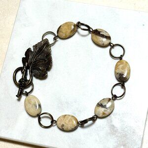 2/$20, Natural Septarian Stone Bracelet, Genuine Gemstone + Bronze Grape Leaf